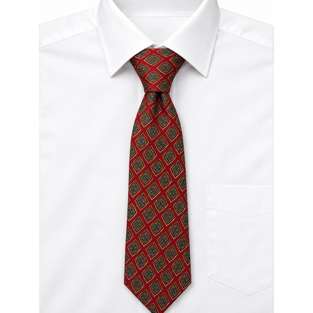 Ermenegildo Zegna Silk Necktie Mens Red Gold Blue Medallion Geometric Italy
